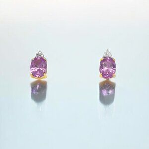 Oval Lab Created Pink Sapphire and Diamond Earrings in 10kt Yellow Gold